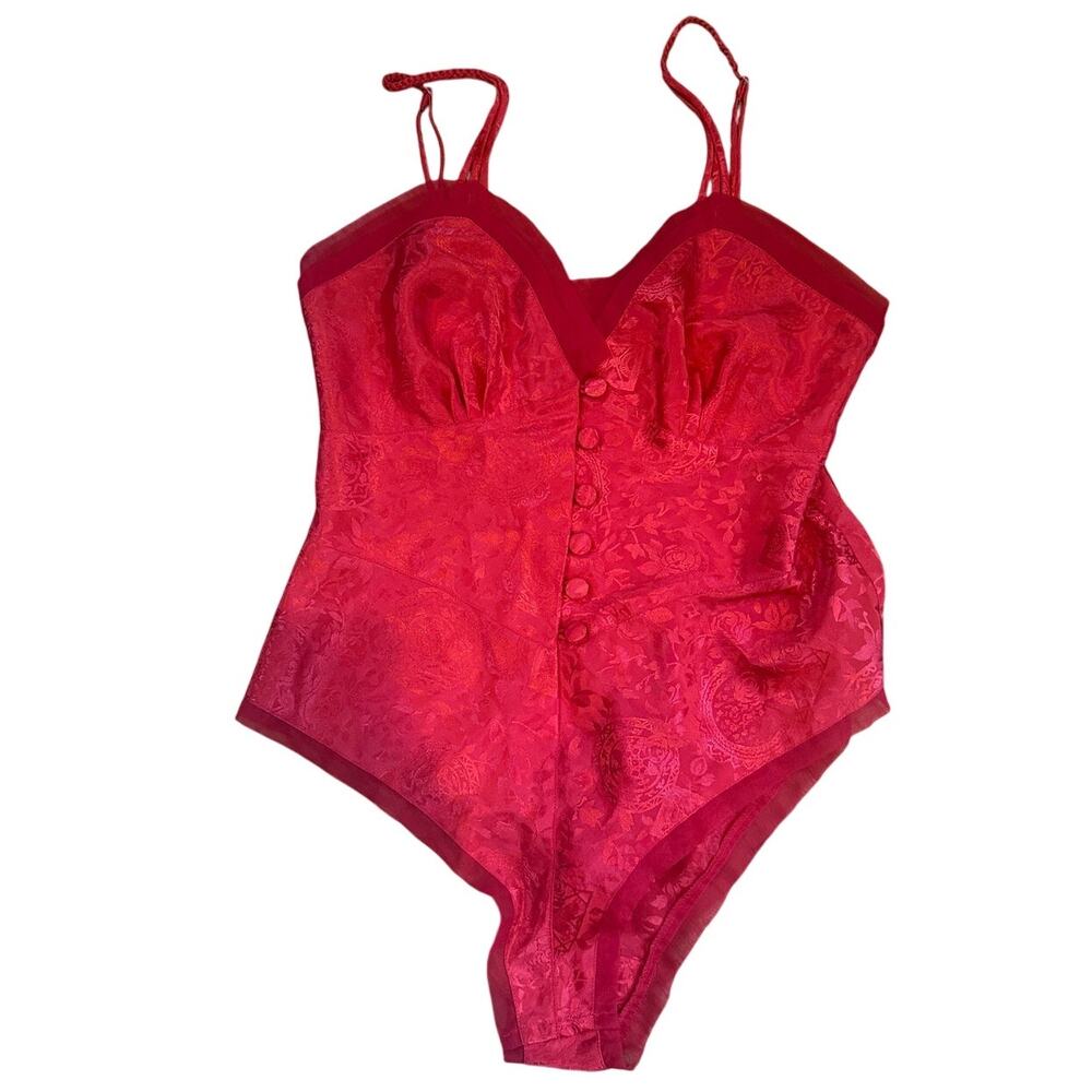 NWOT 90s Victoria's Secret Red Jacquard Button Front Bodysuit P Vintage Y2K